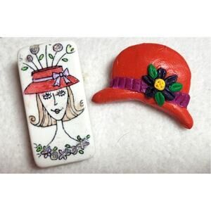 Vtg Pin Lot Upcycled Hand Pained Domino Brooch & Polymer Clay Red Hat Society